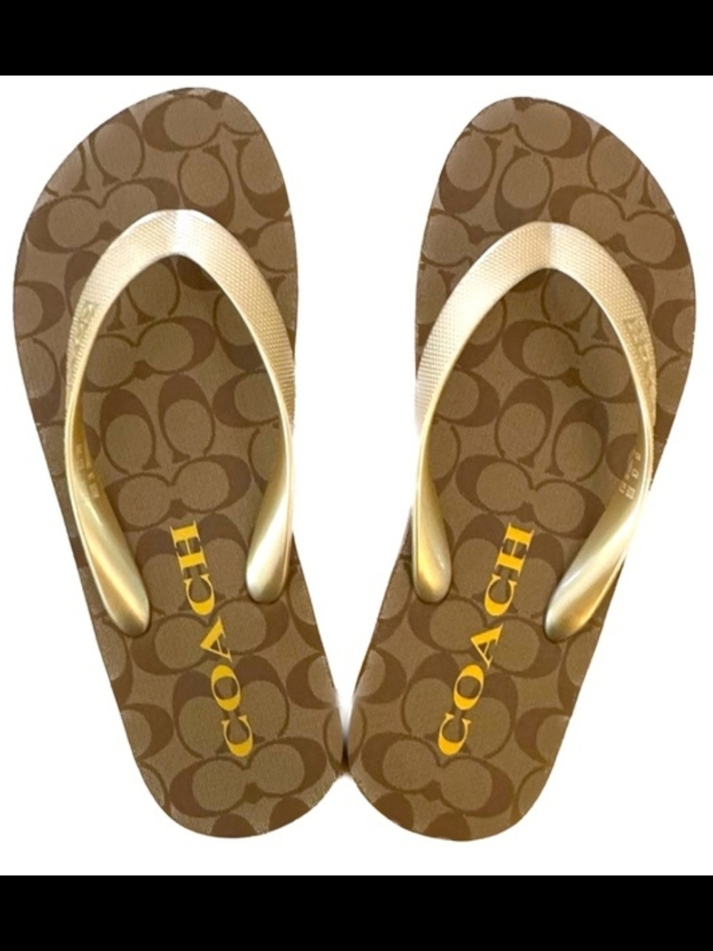 ☆Authentic☆Coach Signature Logo Flip Flops in Brown & Gold